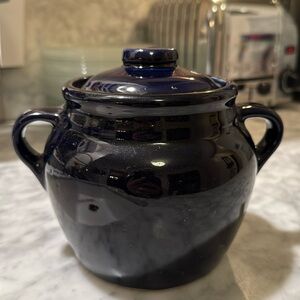 Vintage Monmouth Pottery Blue Double Handle Cookie Jar Bean Pot - Navy Blue